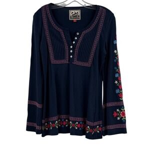 Alp n Rock Top Womens 2 Navy Blue Long Sleeve Floral Embroidered Blouse‎ Boho